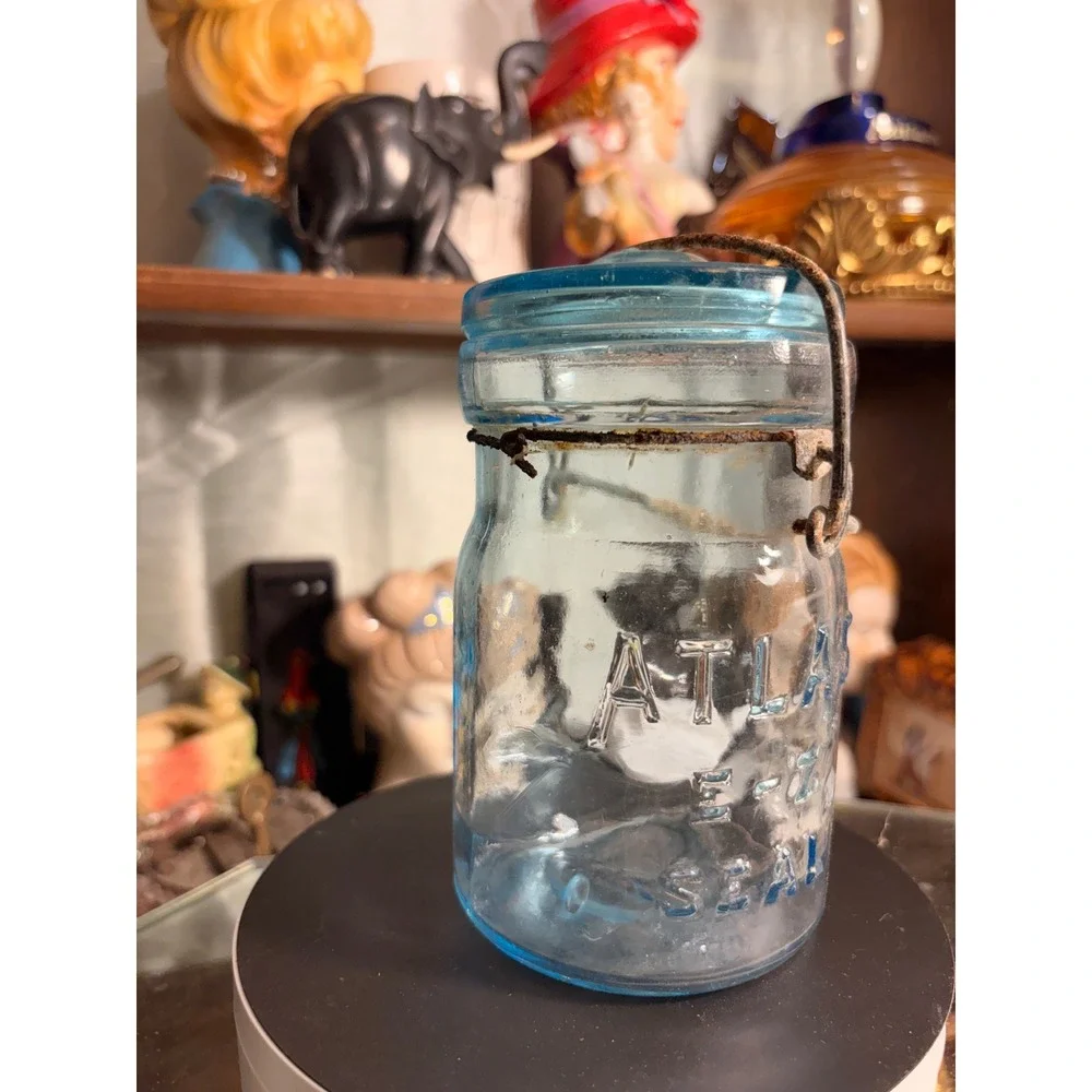 Vintage Atlas E-Z Seal Aqua Blue Glass Canning Jar with Lid and Wire Bail